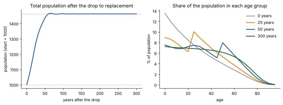 Left: total population rises from 1000 to about 1460 over 60 years, then flat. Right: age shares at 0, 25, 50 and 300 years, a bulge of young people moving up the ages until the shape is flat.